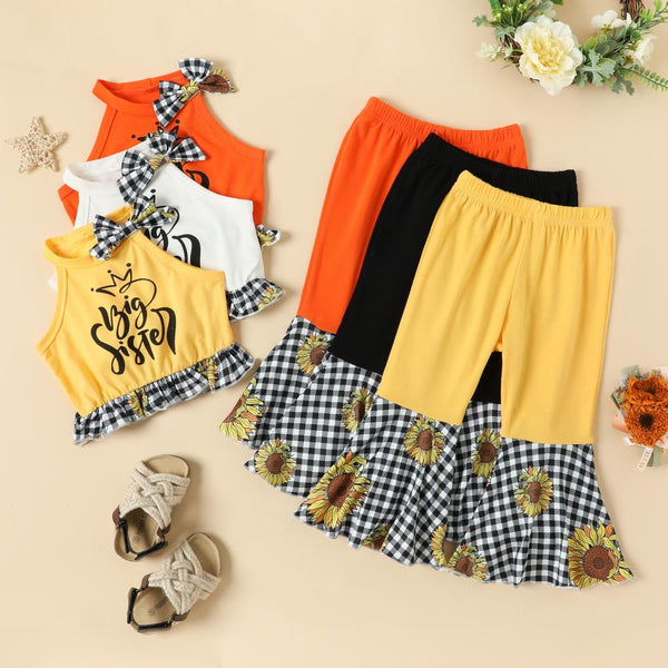 Children's Clothing Girls Sleeveless Halterneck Stitching Plaid Flared Trousers Suit Wholesale Girls Clothes