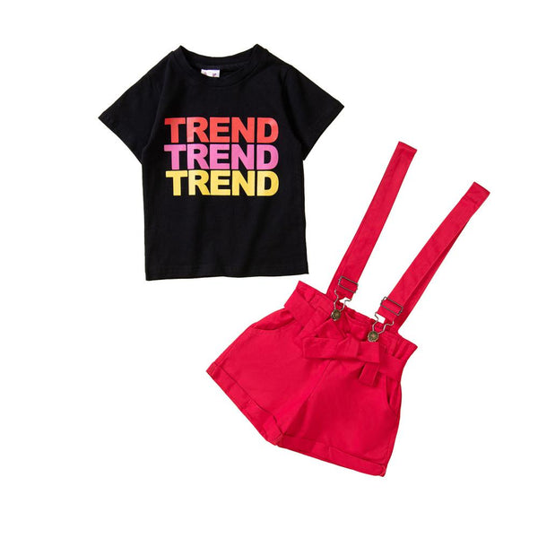 Summer New Girls Fashion Suit 1-5T Letter Short Sleeve T shirt + Suspenders Two Pieces Wholesale Clothing For Girls