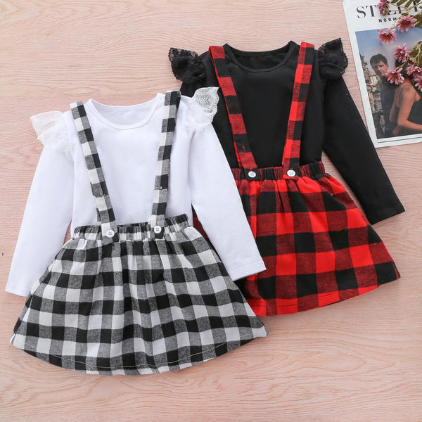 Spring and Autumn Toddler Girl Pure Flying Sleeve T-Shirt Plaid Skirt Suit Wholesale Girl Clothes