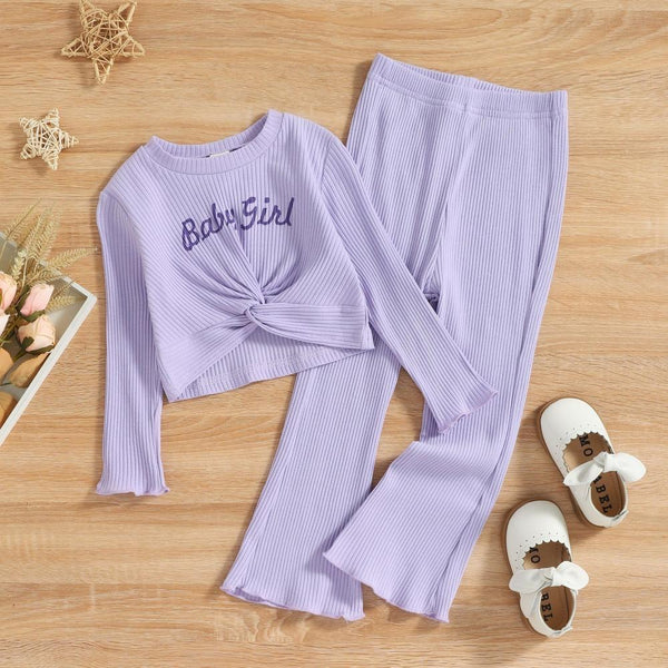 Little Girls Pit Strip Letter Print Long-sleeve Top + Flared Pants Set Wholesale Girls Clothes