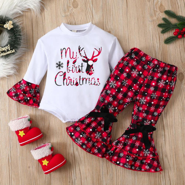 Baby Autumn Christmas Plaid Flared Pants Set Wholesale Baby Girls Clothes