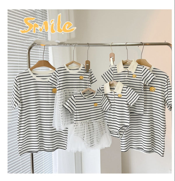 Parent-child Summer Stripe and Smiley Mommy And Me Matching Outfits Wholesale