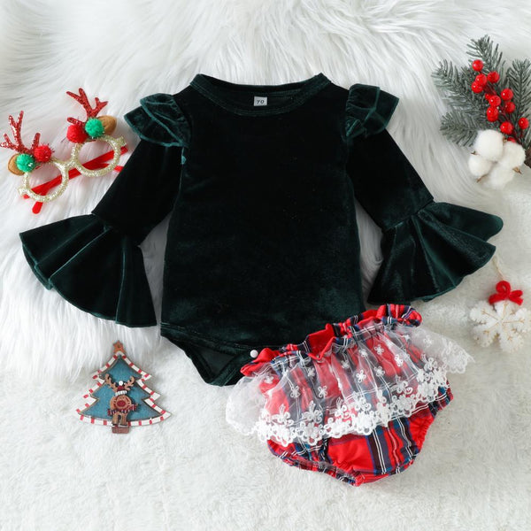 Christmas Girls Flared Romper Lace Shorts Set Wholesale Girls Clothes