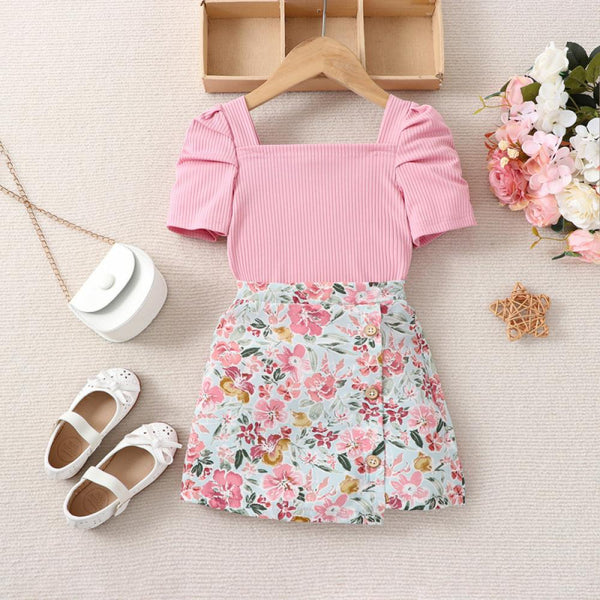 Pink Short Sleeve Girls Summer Skirt Flower Set Wholesale Kids Clothing
