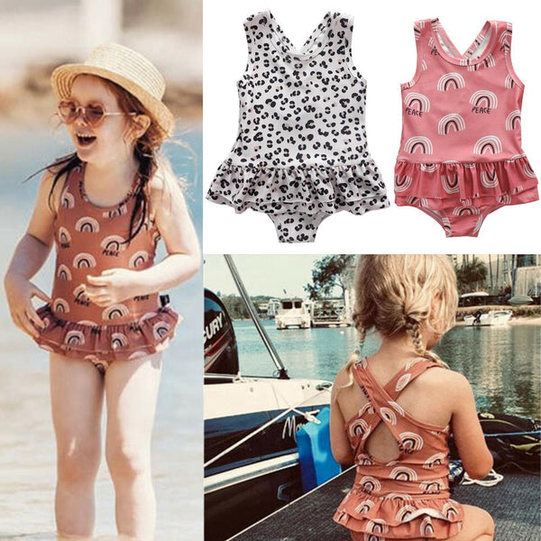 1-6Y Toddler Girls Summer Swimsuit Rainbow Leopard Print Children's Vacation Beach Swimwear Wholesale Plus Size Swimwear