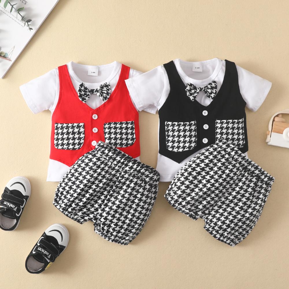 Newborn Infant houndstooth Suit Spring And Summer Models Pit Strip Long Short-Sleeved Top Bow Small Fragrance Wind Shorts Wholesale Baby Clothes