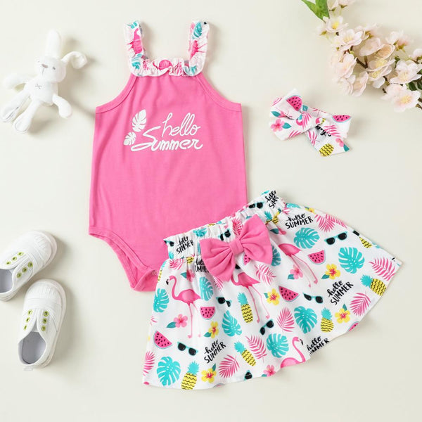 Summer Baby Girl Suspender Bodysuit Print Headband Skirt Set Wholesale Baby Clothes