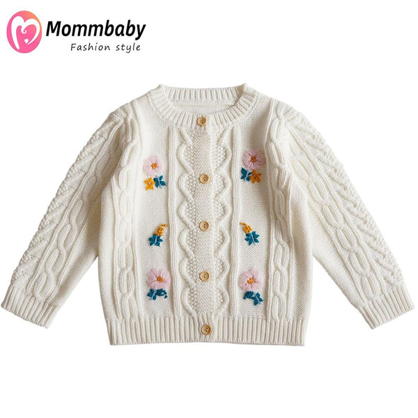 Mommbaby Spring and Autumn Girls Hand Embroidered Small Flowers Western Style Knit Sweater Kids Clothes