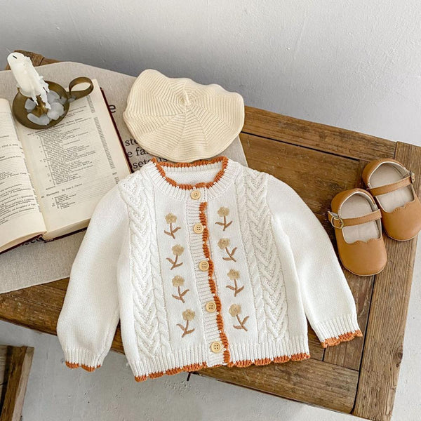 Spring Baby Crewneck Embroidered Knitted Cotton Long Sleeve Newborn Cardigan Jacket Wholesale Baby Clothes