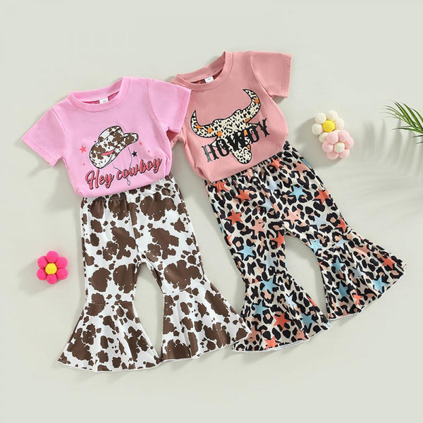 Summer Cow Head Leopard Print Short Sleeve Top Flared Pants Suit Wholesale Girls Clothes