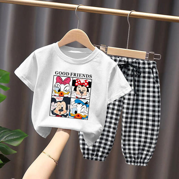 Toddler Girls Sets Summer Mickey Mouse Print Short Sleeve Top And Check Pants Two-piece Sets Wholesale Kids Clothing USA
