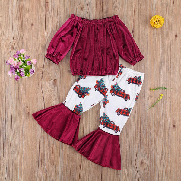 Children's Thanksgiving Christmas Solid Color Flared Pants Set Wholesale Girls Clothing