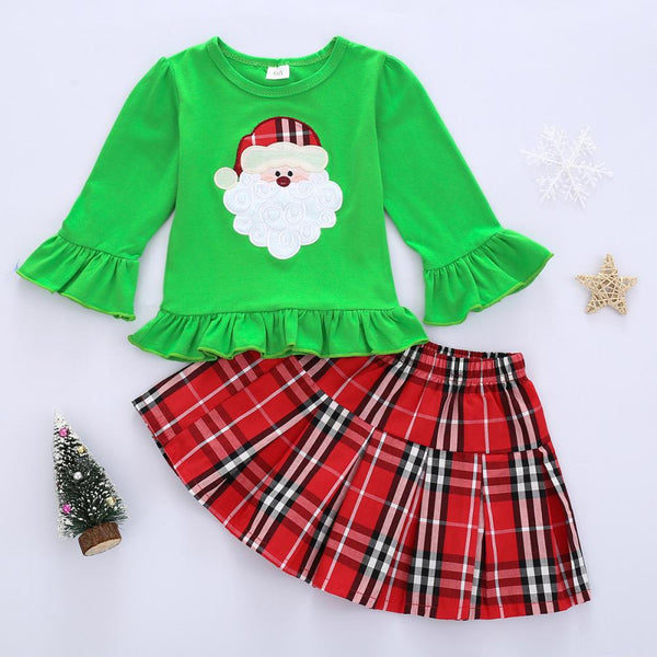 Autumn Girls Christmas Old Man's Head Embroidered Top Plaid Skirt Suit Wholesale Girls Clothes