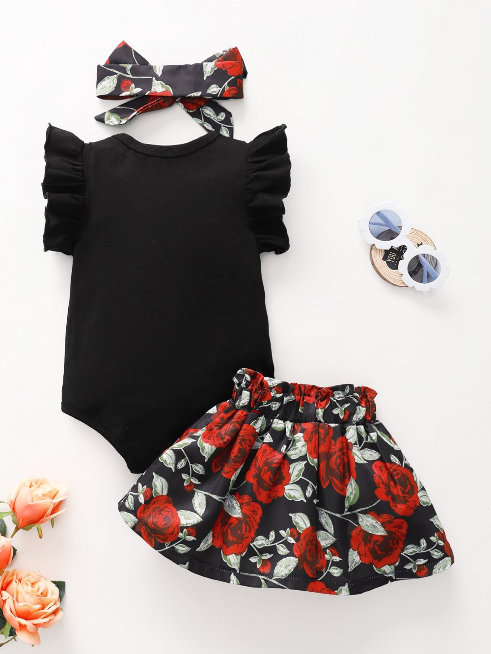 Baby Girls Summer Sleeveless Black Romper And Rose Printed Skirt and Headband Set Baby Clothing In Bulk