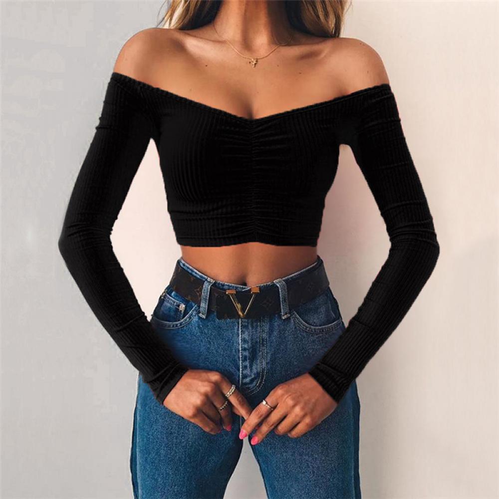 2022 New Women's Long-Sleeved One-Shoulder Slim Cropped Navel Short T-Shirt Wholesale Women Clothes