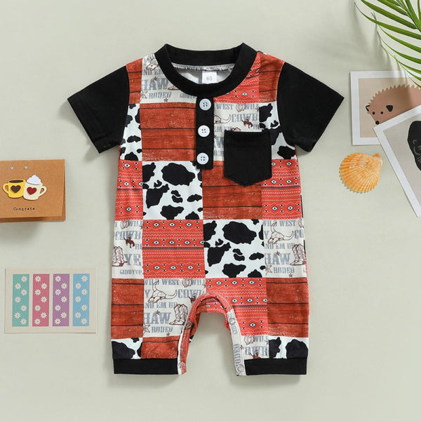 Newborn Baby Checkered Cow Head Short Sleeve Pocket Jumpsuit Wholesale