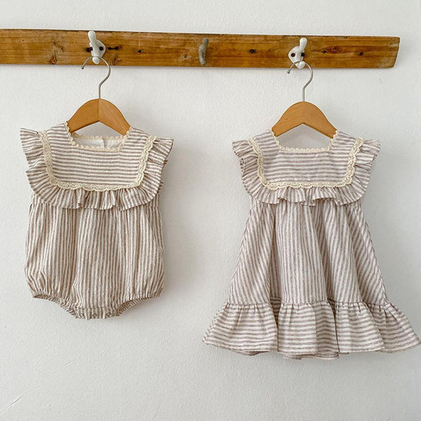 Summer Striped Ruffled Girl's Loose Elegant Dress Baby Romper Sisters Suit Wholesale Baby Clothing