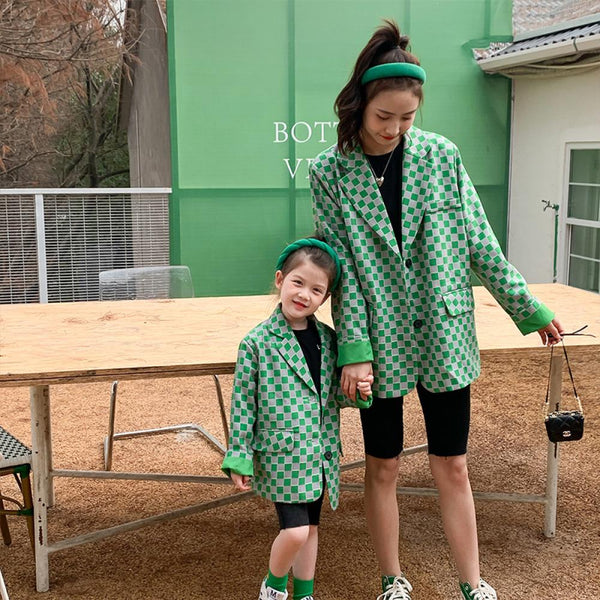 Parent-child Family Plaid Green Blazer Coat Mommy And Me Outfits Wholesale