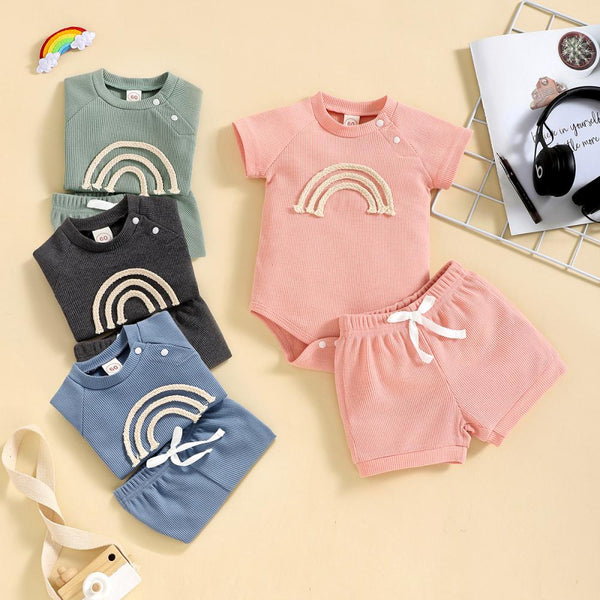 Boys Rainbow Waffle Four Color Short Sleeve Shorts Set Wholesale Baby Clothes