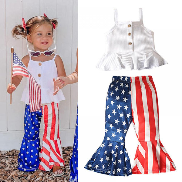 Girls Summer Independence Day Sling Ruffled Top + Star Stripe Flared Trousers Two-Piece Set Wholesale Girls Clothes