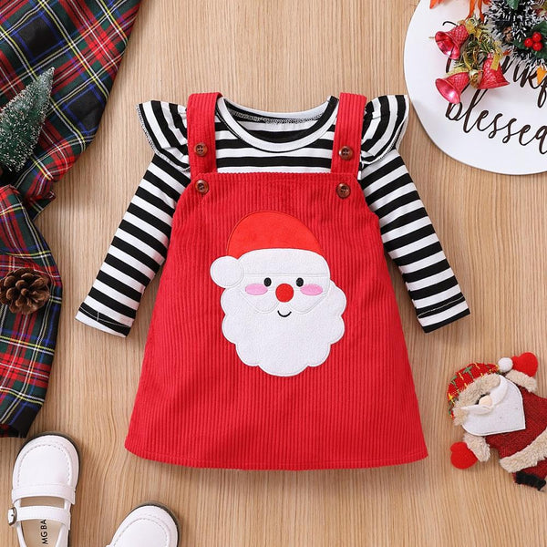 Girls Christmas Striped Baby Autumn Corduroy Strap Skirt Embroidery Suit Wholesale Baby Clothes