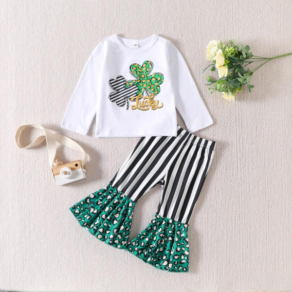 St. Patrick's Day Four-leaf Clover Printed Top Striped Bell Bottoms For Girls Spring And Autumn Suit Wholesale
