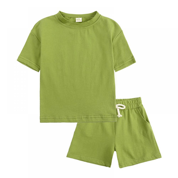 Children's Short Sleeve Set Boys' and Girls' Summer Sports Solid Color Set Wholesale Kids Clothing