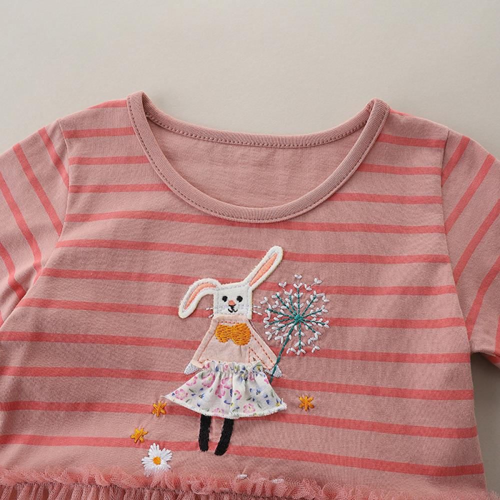 Girls Summer Dress Stripe Rabbit Embroidered Mesh Patch Dress Wholesale Baby Girl Clothes