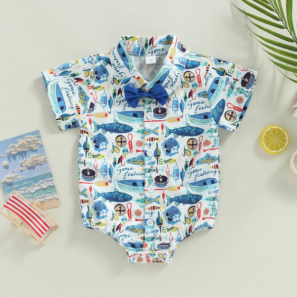 Boy Baby Summer Jumpsuit Short Sleeve Single Breasted Fish Print Jumpsuit With Bow Tie Wholesale