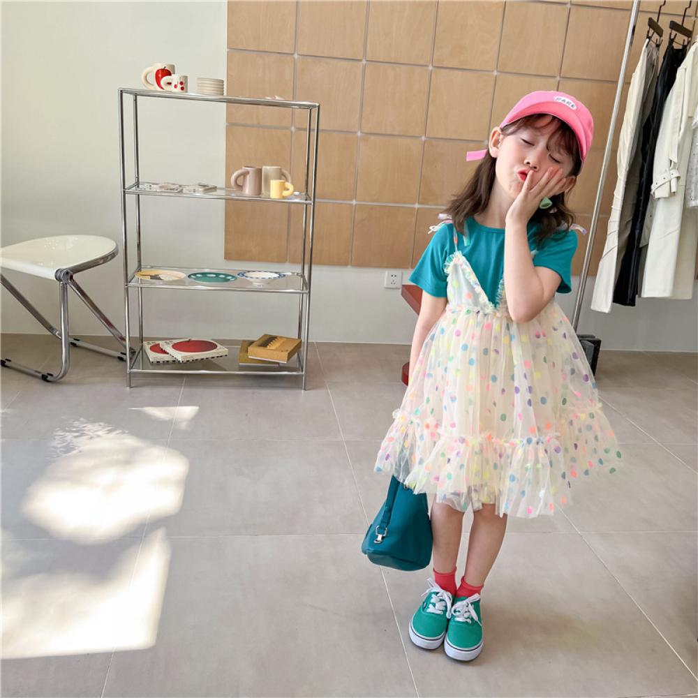 Toddler Girls Summer Fake Two Pieces Colorful Dot Printed Tulle Mesh Dress Girl Dresses Wholesale