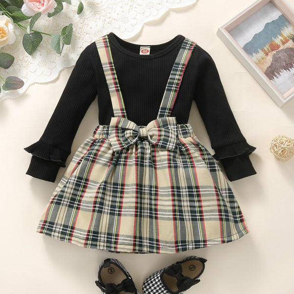 Newborn Girls Spring and Autumn Solid Romper And Plaid Suspenders Skirt Set Baby Clothes Wholesale Bulk