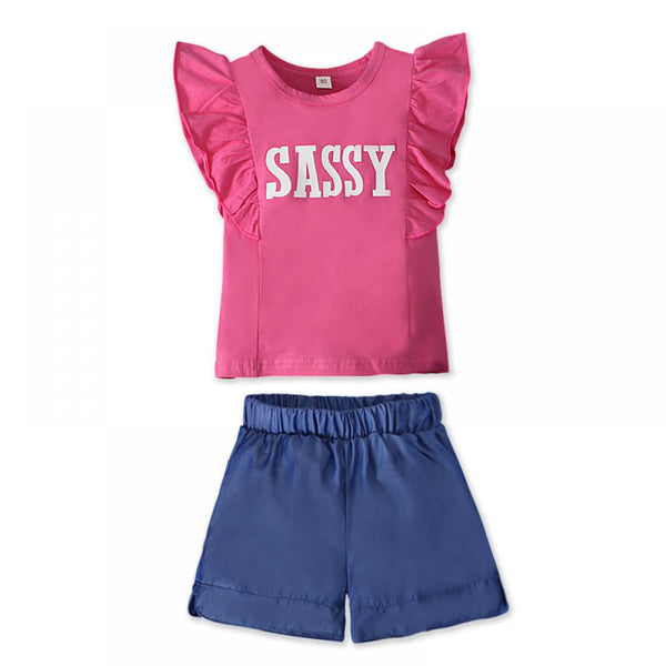 Toddler Girls Short Set Summer Fly Sleeve Letter Printed Top + Shorts Baby Girl Wholesale