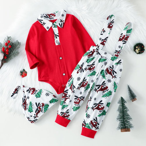 Autumn Boys Christmas Cartoon Airplane Print Bib Suit Wholesale Baby Boy Clothes