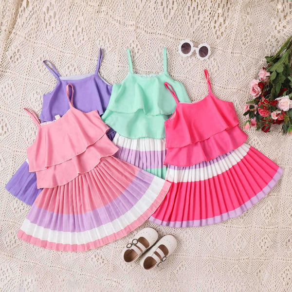 Summer Children's Pullover Suspender Jacket Color Matching Cake Pleated Skirt Girl Suit Wholesale