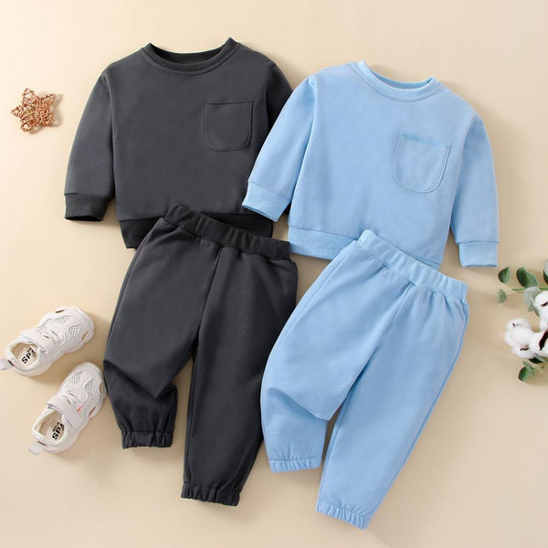 Boys And Girls Spring and Autumn Solid Color Sweater Pullover Two-piece Set Wholesale