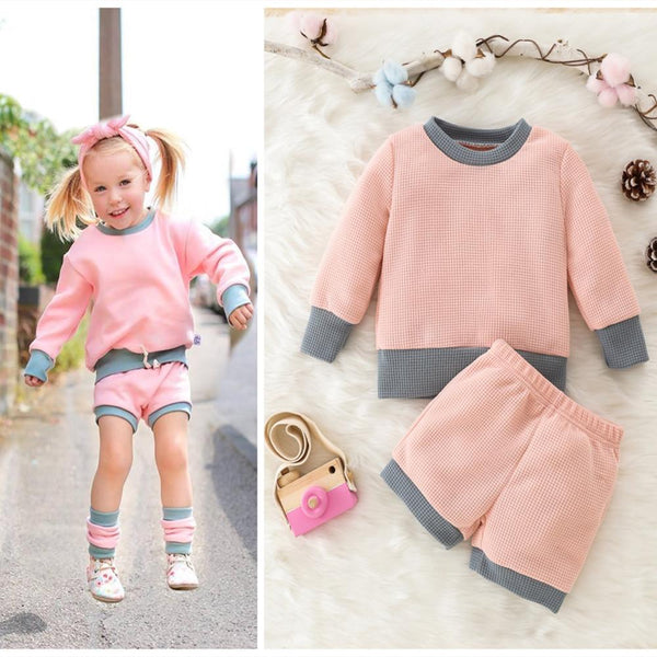 Spring and Autumn Infant Girls Long Sleeve Waffle Colorblock Shorts Set Baby Girl Boutique Clothes In Bulk