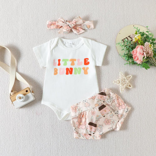 Easter New Baby Suit Summer Letter Printing Romper Shorts Headdress Set Wholesale Baby Clothing