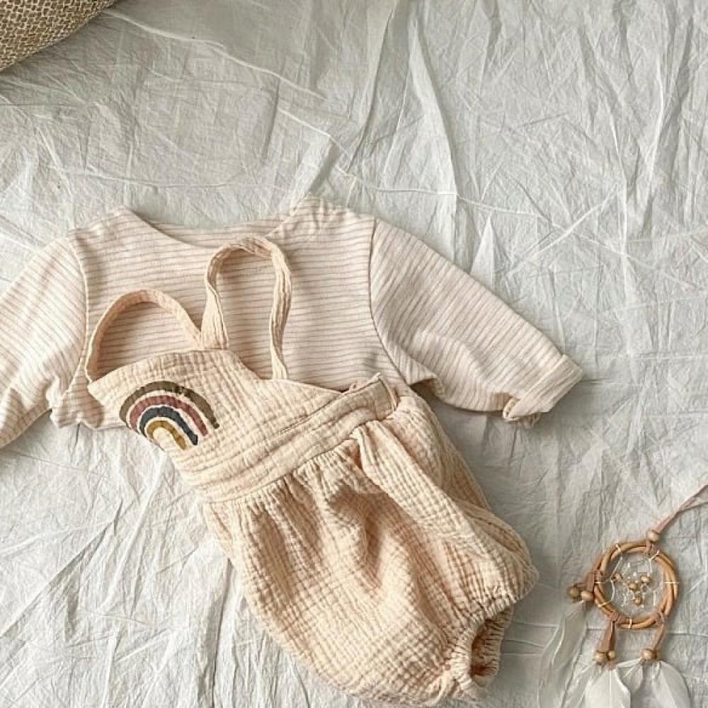 Spring And Autumn Rainbow Children's Overalls + Striped T-shirt Cute Baby Suit Wholesale Baby Clothes