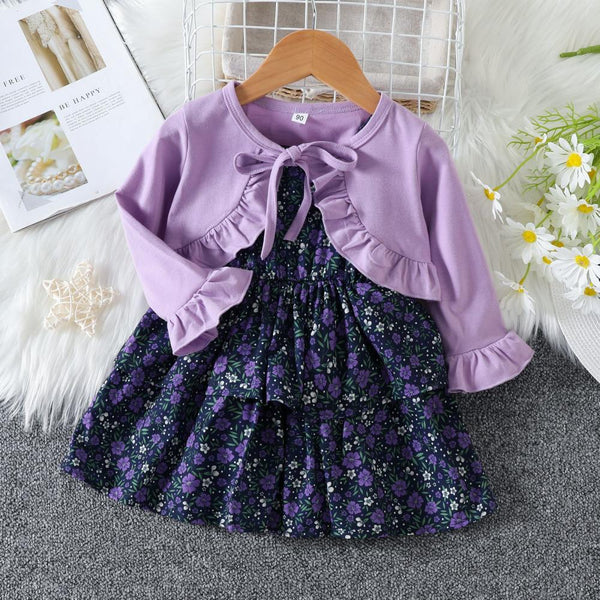 Girls Autumn Solid Color Long Sleeve Lace-Up Coat Floral Sling Dress Two Piece Set Wholesale
