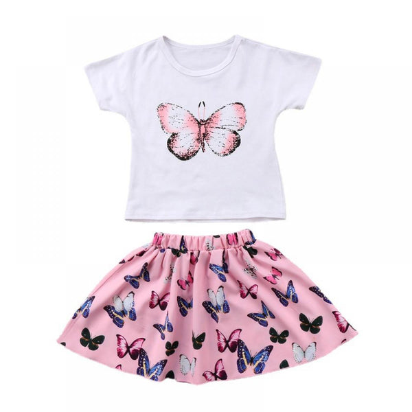 1-6Y Toddler Girls Summer Korean Girls Butterfly Printed Short Sleeve Top and Skirt Two-piece Set Wholesale Kids Clothing