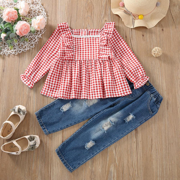 Girls Autumn Red Plaid Long Sleeve Top Denim Trousers Two Piece Set Wholesale Girls Clothes