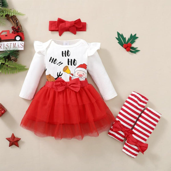 Autumn Christmas Baby Girls Romper + Mesh Skirt + Stripe Foot Strap + Hairband Set Wholesale