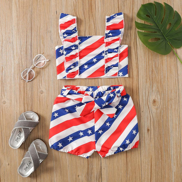 Summer Independence Day Girls Stripe Star Print Camisole Top Shorts Set Wholesale Baby Children Clothes
