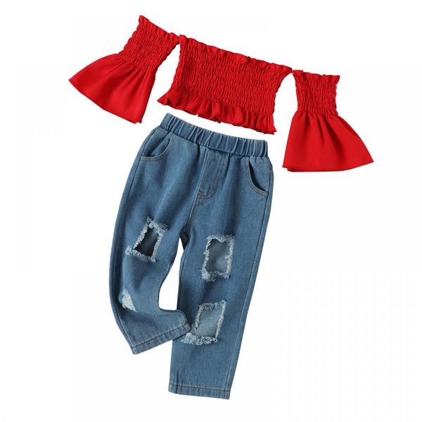 Summer Girls' One-collar Top and Ripped Jeans Pants Set Wholesale Little Girl Clothing