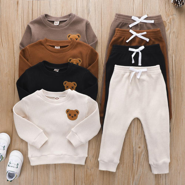 Boy Autumn and Winter Bottoming Pit Strip Bear Embroidery Long-sleeved Trousers Set Wholesale