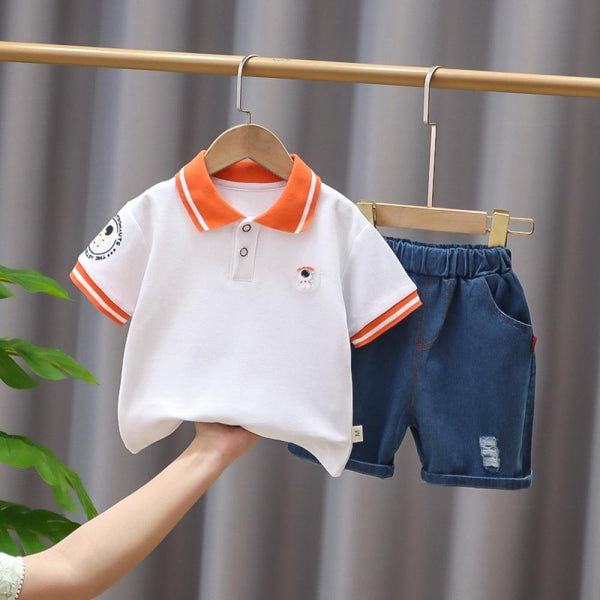 1-5T Boys Summer Lapel T-shirt and Denim Shorts Set Wholesale Boys Clothing Suppliers