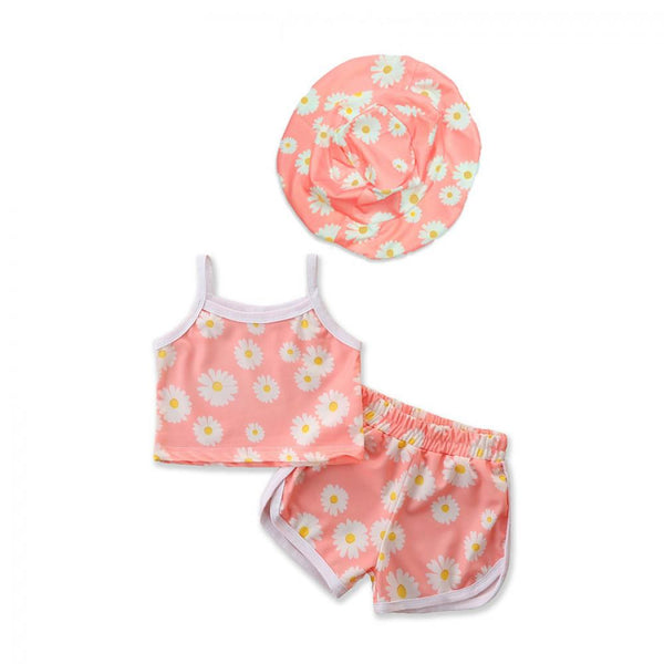 Girls Beach Suit Flower Suspenders + Shorts + Hat  Baby Girl Wholesale