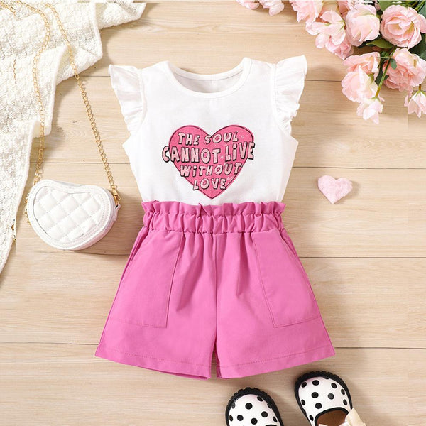 Girl's Summer Love Letter Printed Top Shorts Set Wholesale Girls Clothes