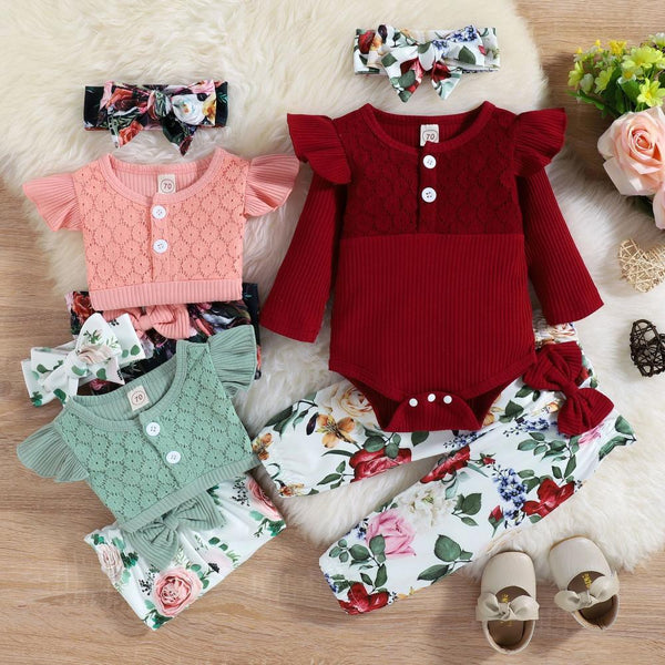 Autumn Baby Girls Lace Romper + Print Trousers Three-piece Set Wholesale Girls Clothes