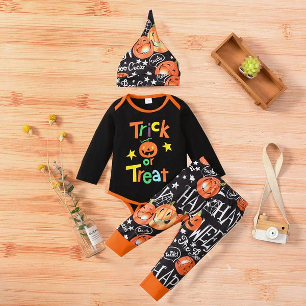 Halloween Boys and Girls Alphabet Pumpkin Print Long Sleeve Romper Pants Set Baby Clothes Wholesale